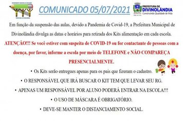 Prefeitura Municipal de Divinolândia divulga as datas e horários para retirada dos Kits Alimentação em cada escola