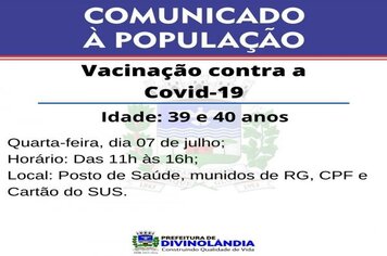 Vacinação contra Covid-19 para pessoas na faixa etária de 39 e 40 anos