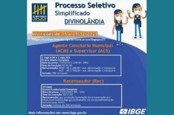 IBGE oferece vagas temporárias para Agente Censitário, Supervisor e Recenseador do Censo 2022 em Divinolândia