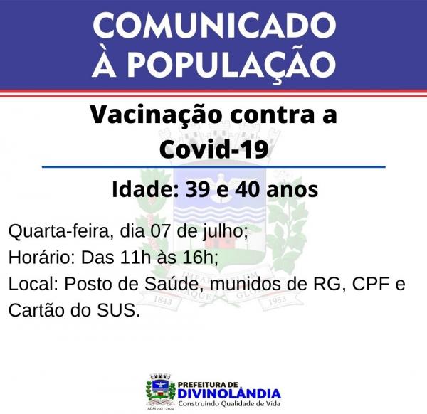 Vacinação contra Covid-19 para pessoas na faixa etária de 39 e 40 anos