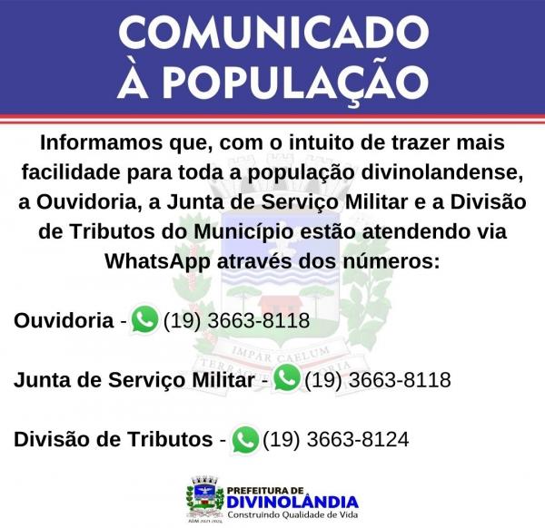 Ouvidoria; Junta de Serviço Militar e Divisão de Tributos informam seus números de atendimento via WhatsApp